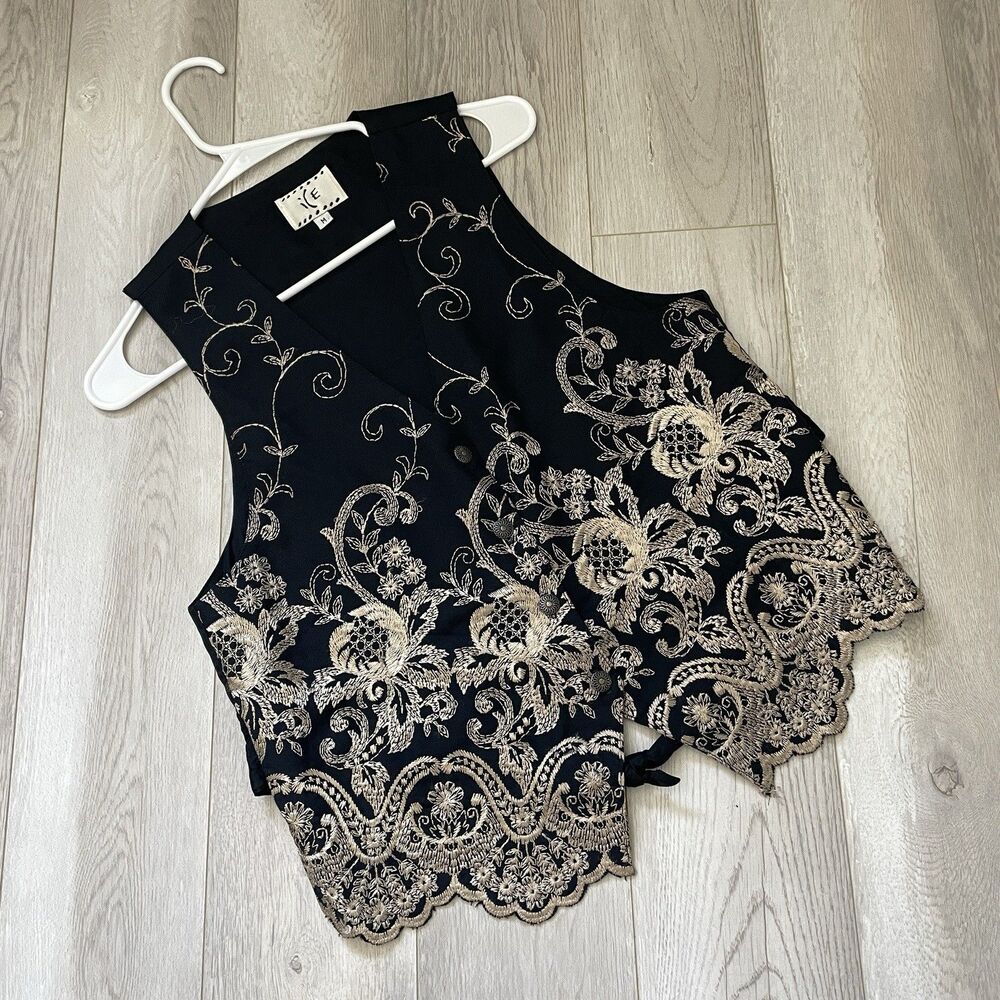 Ice Embroidered Vest vintage floral sleeveless womens Black (medium) romantic